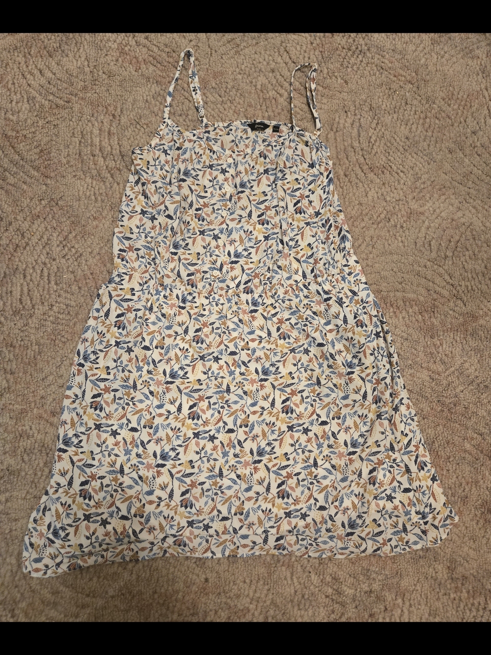 Floral Spaghetti Strap Sundress in Cream with Blue & Tan Leaf Print